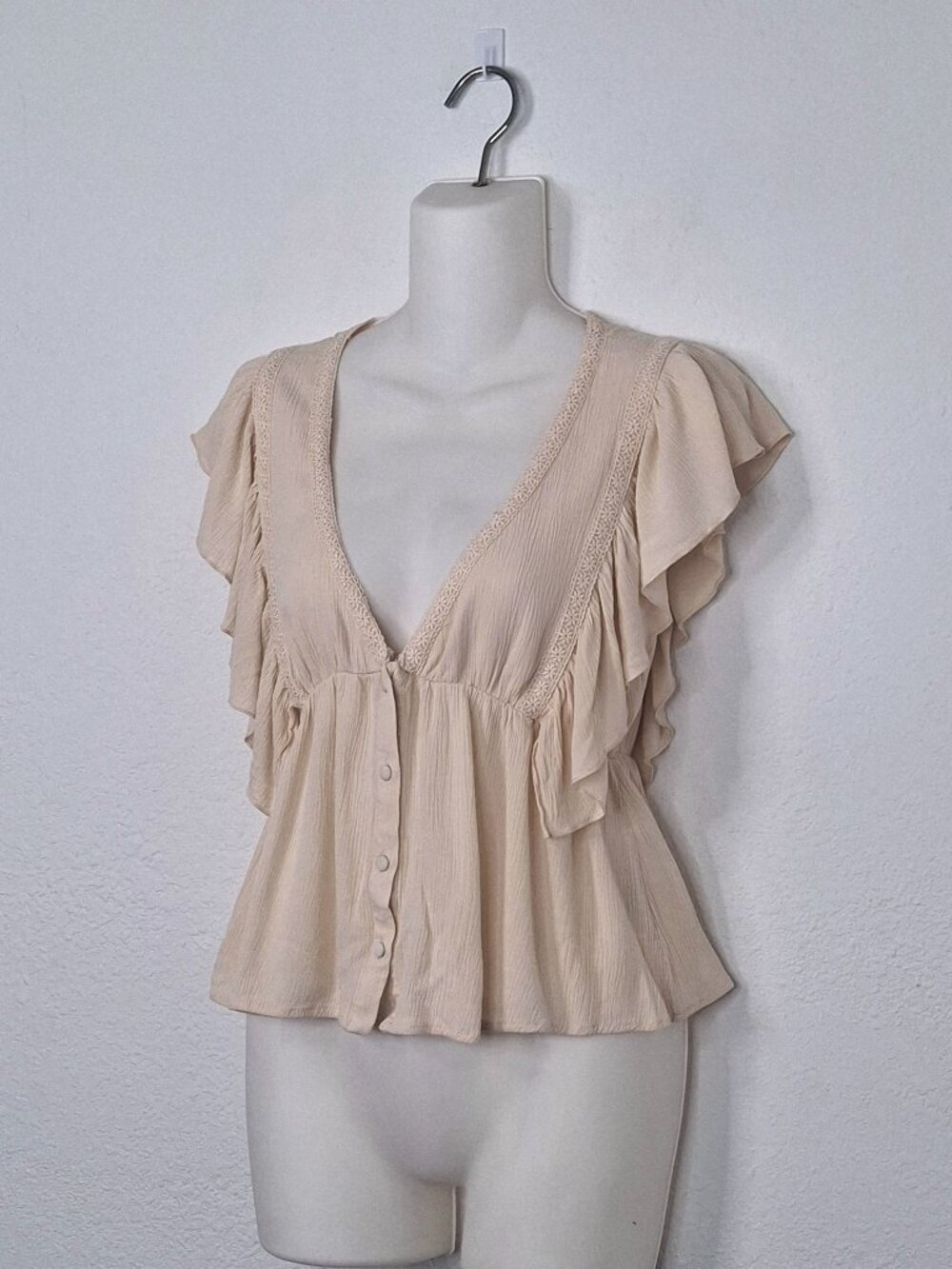 Peasant Babydoll Top Sz S Ruffle Boho Cottagecore Coquette Neutral Festival - Picture 2 of 13